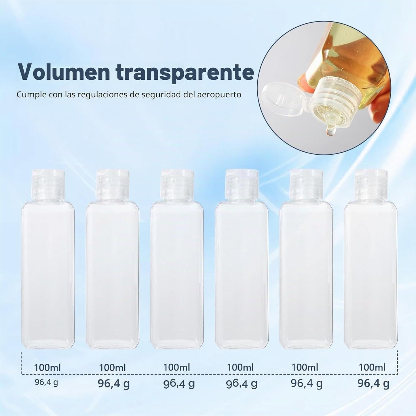Diboniur Neceser de Viaje con 6 Botellas de Viaje Vacía de 100 ml, 1 Bolsa de Vuelo y 2 Embudos Pequeños, Kit de Viaje para Champú, Crema, Loción, Aprobado por la TSA