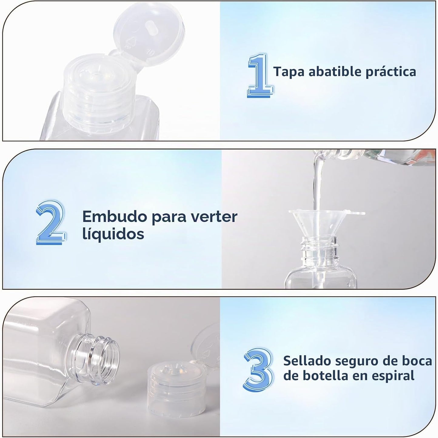 Diboniur Neceser de Viaje con 6 Botellas de Viaje Vacía de 100 ml, 1 Bolsa de Vuelo y 2 Embudos Pequeños, Kit de Viaje para Champú, Crema, Loción, Aprobado por la TSA