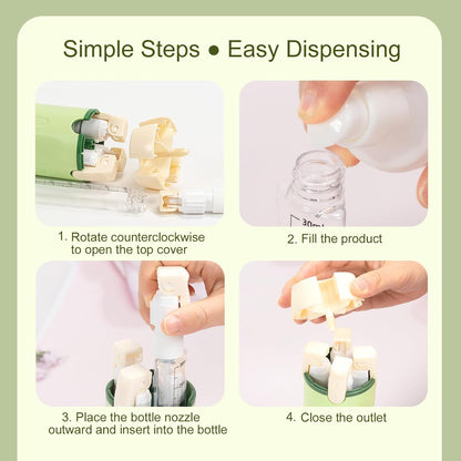 Zouwel Set de frascos dispensadores de viaje 4 en 1: recargables, a prueba de fugas, para artículos de aseo personal, contenedores de viaje portátiles para champú, lociones, acondicionador y crema