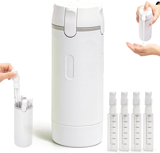 Zouwel Set de frascos dispensadores de viaje 4 en 1: recargables, a prueba de fugas, para artículos de aseo personal, contenedores de viaje portátiles para champú, lociones, acondicionador y crema