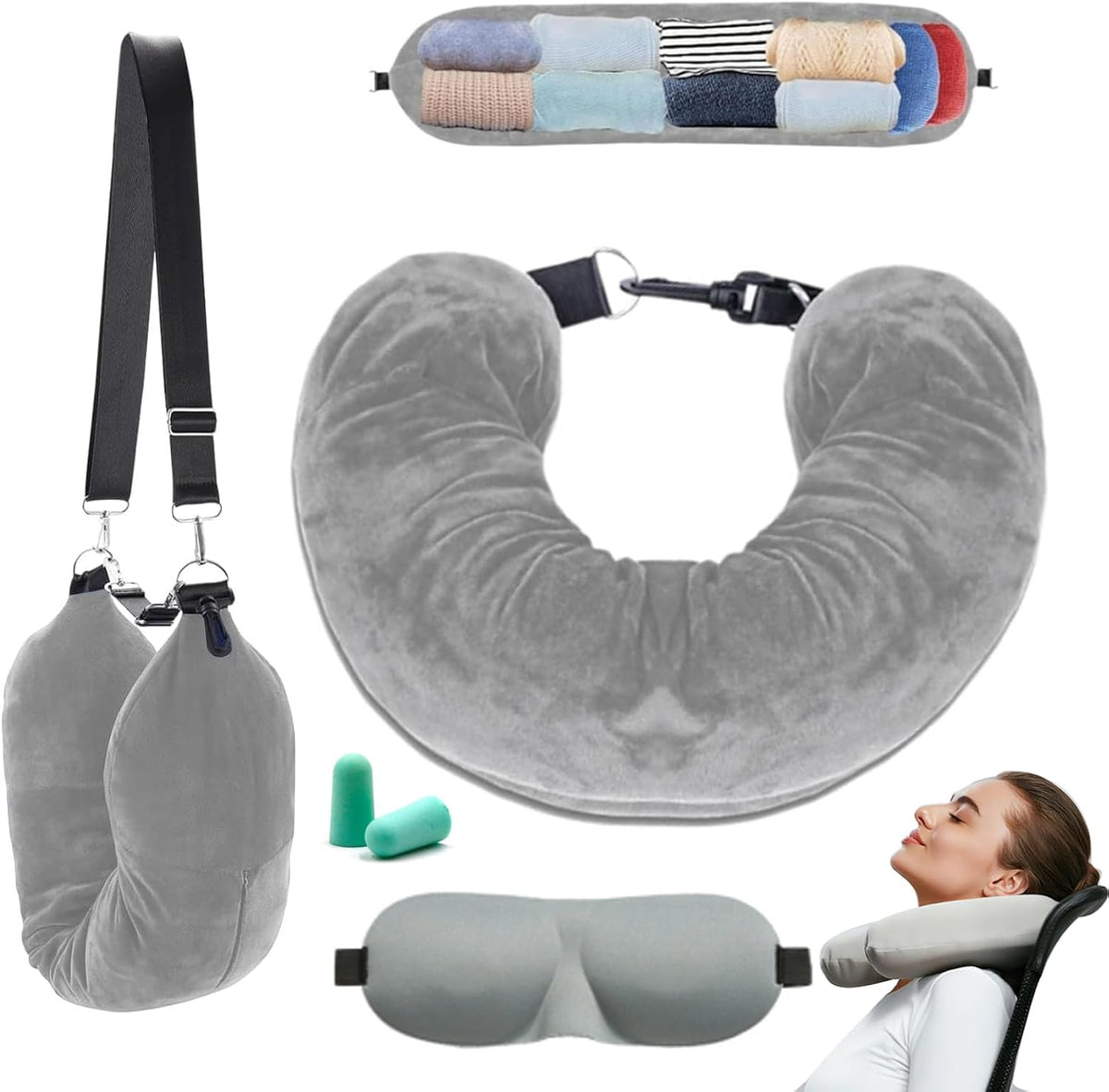 Almohada Viaje Rellenable con Antifaz y Tapones para Los Oídos