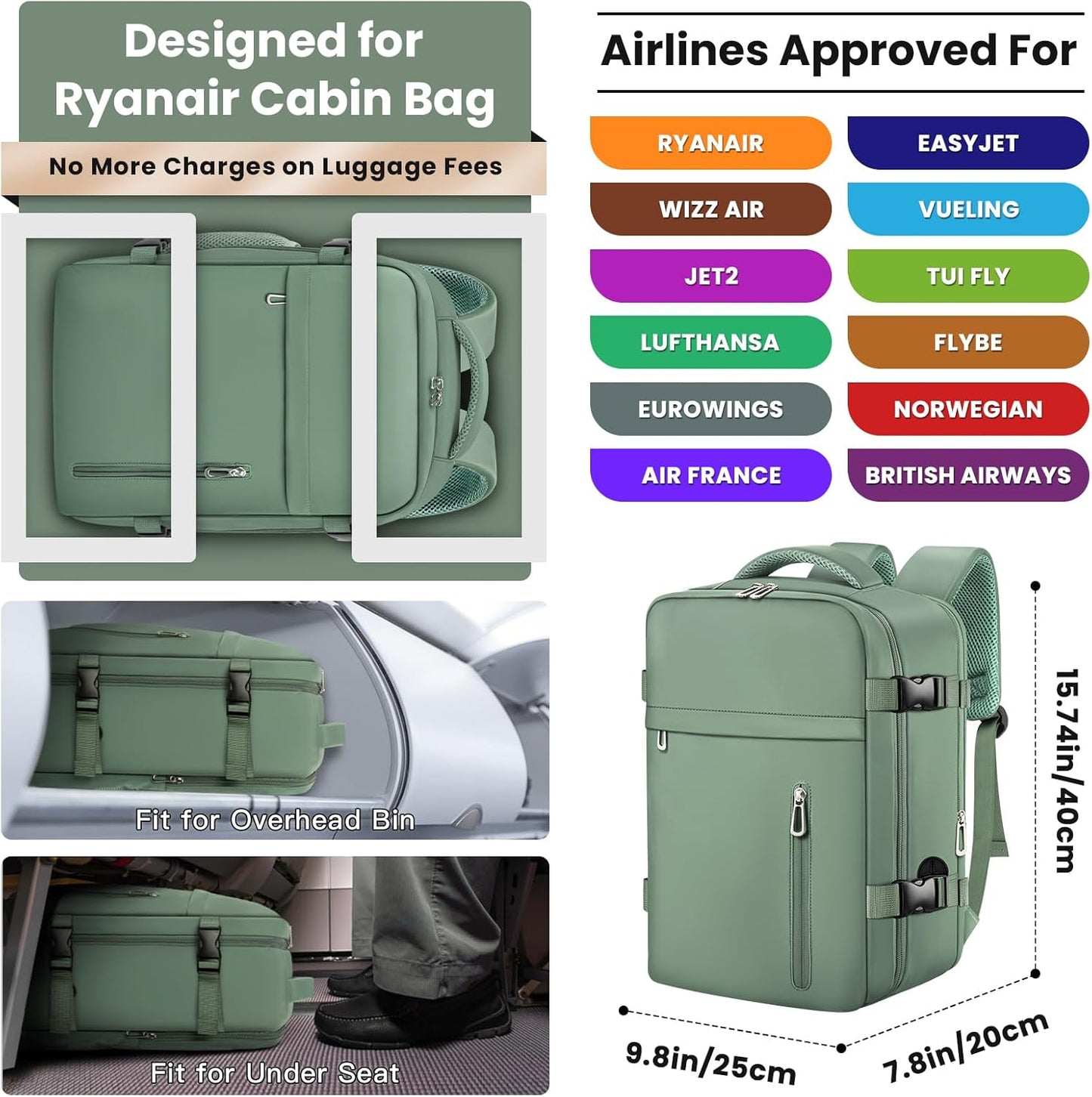 Mochila de Viaje Cabina 40x20x25 cm para Ryanair | Equipaje de Mano con Compartimento para Portátil - 4 colores disponibles.