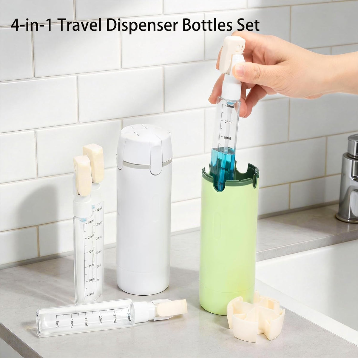 Zouwel Set de frascos dispensadores de viaje 4 en 1: recargables, a prueba de fugas, para artículos de aseo personal, contenedores de viaje portátiles para champú, lociones, acondicionador y crema
