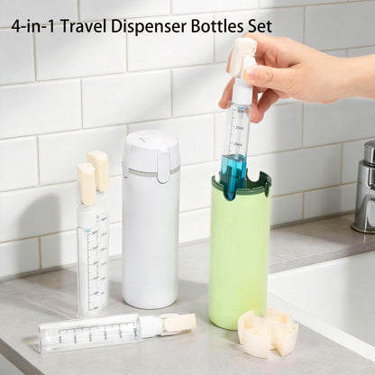 Zouwel Set de frascos dispensadores de viaje 4 en 1: recargables, a prueba de fugas, para artículos de aseo personal, contenedores de viaje portátiles para champú, lociones, acondicionador y crema