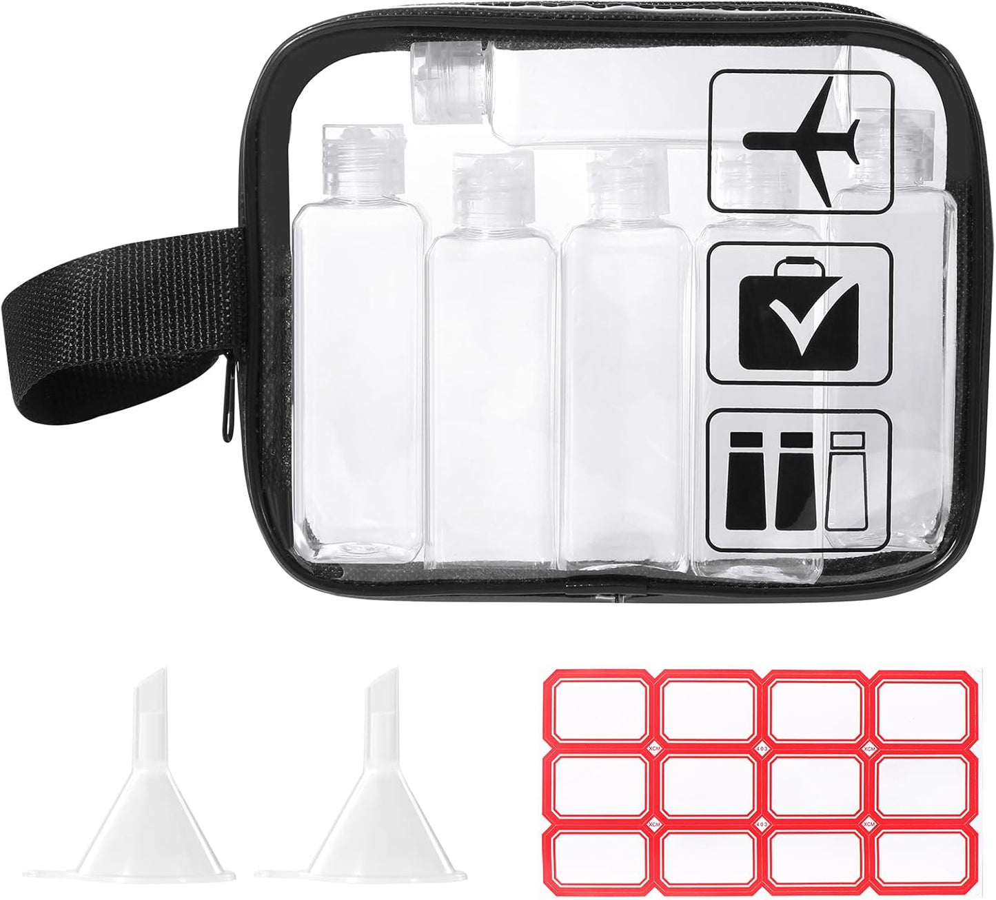 Diboniur Neceser de Viaje con 6 Botellas de Viaje Vacía de 100 ml, 1 Bolsa de Vuelo y 2 Embudos Pequeños, Kit de Viaje para Champú, Crema, Loción, Aprobado por la TSA