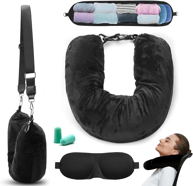 Almohada Viaje Rellenable con Antifaz y Tapones para Los Oídos