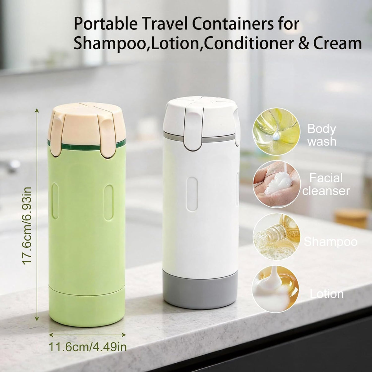 Zouwel Set de frascos dispensadores de viaje 4 en 1: recargables, a prueba de fugas, para artículos de aseo personal, contenedores de viaje portátiles para champú, lociones, acondicionador y crema