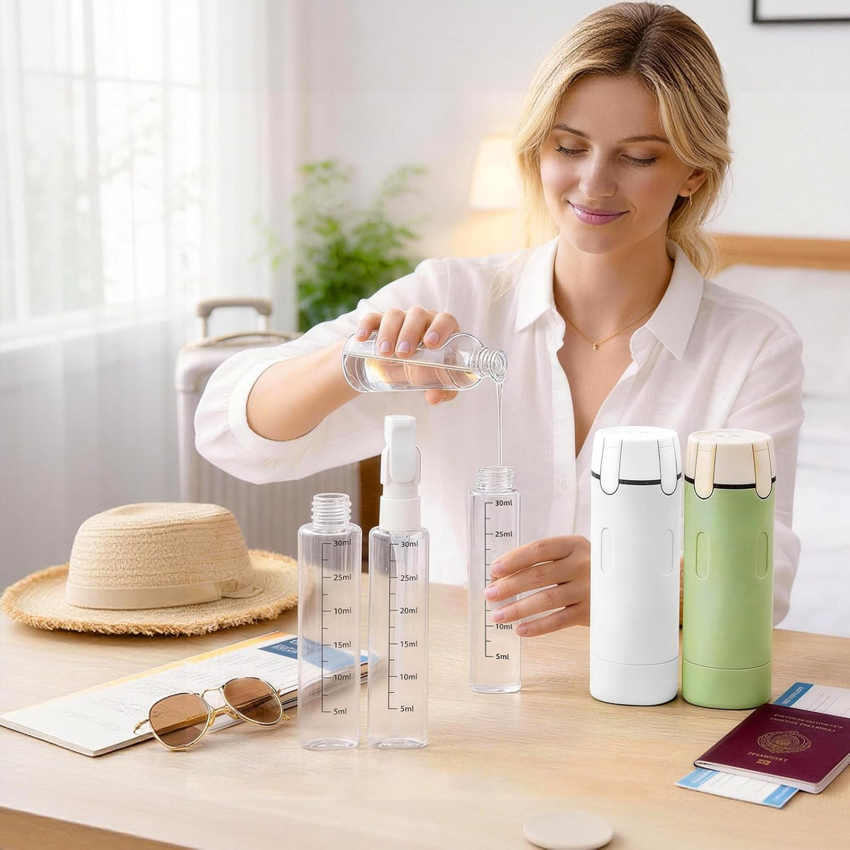 Zouwel Set de frascos dispensadores de viaje 4 en 1: recargables, a prueba de fugas, para artículos de aseo personal, contenedores de viaje portátiles para champú, lociones, acondicionador y crema