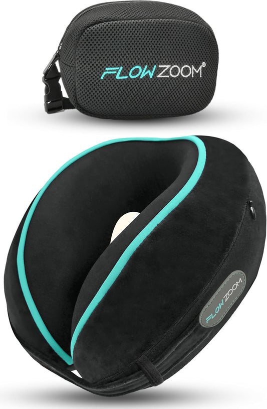 FLOWZOOM Dream Almohada de Viaje Viscoelástica – Cojín de Cuello Ajustable con Soporte 360° y Laterales Altos, Funda de Felpa Suave y Lavable, con Bolsa Compacta – para Avión, Coche y Tren – Negro
