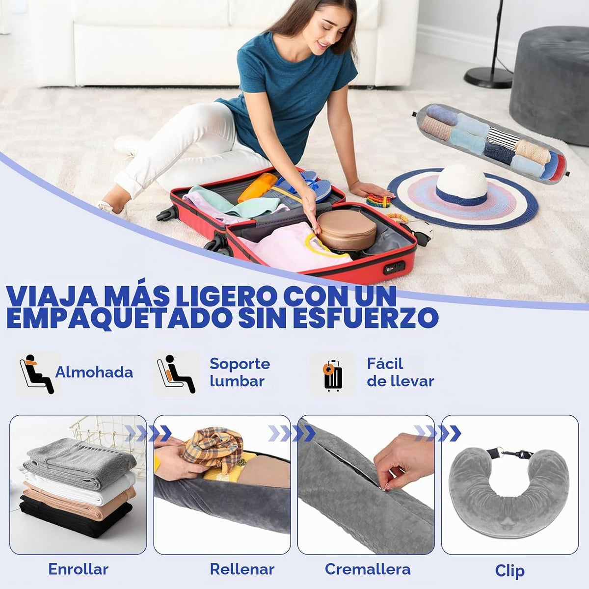 Almohada Viaje Rellenable con Antifaz y Tapones para Los Oídos