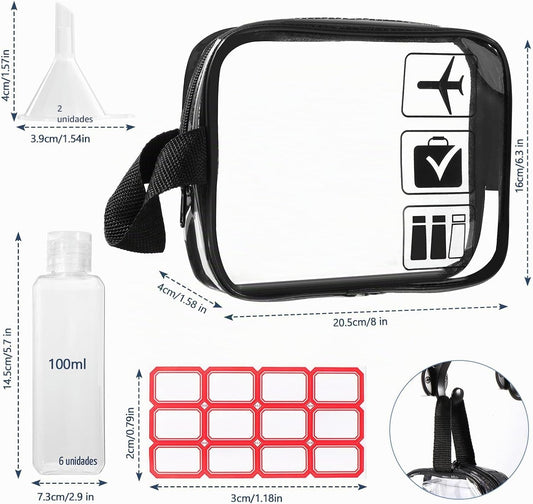 Diboniur Neceser de Viaje con 6 Botellas de Viaje Vacía de 100 ml, 1 Bolsa de Vuelo y 2 Embudos Pequeños, Kit de Viaje para Champú, Crema, Loción, Aprobado por la TSA