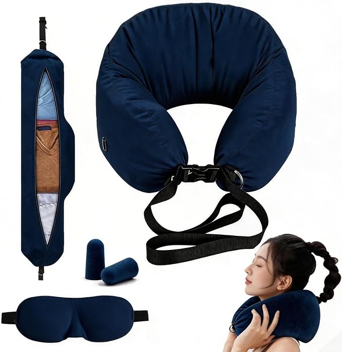 Almohada Viaje Rellenable con Antifaz y Tapones para Los Oídos