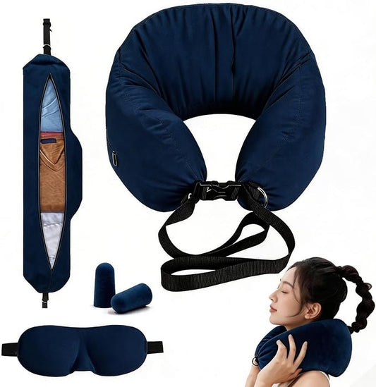 Almohada Viaje Rellenable con Antifaz y Tapones para Los Oídos