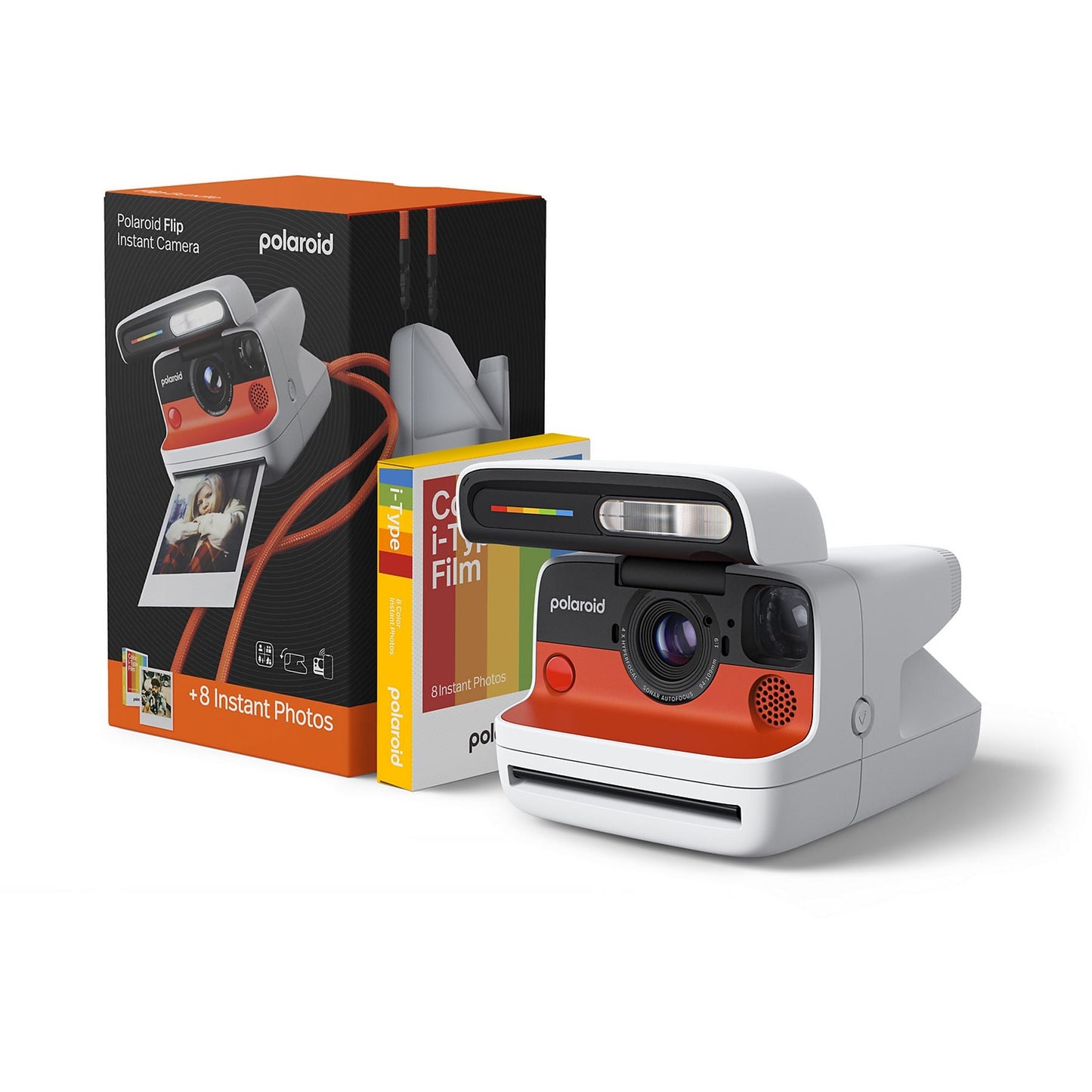 Cámara instantánea - Polaroid Flip + 8 Film Bundle, Sistema hiperfocal 4 lentes, Flash, Blanco