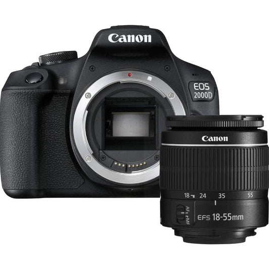 Kit cámara réflex - Canon EOS 2000D, 24.1 MP CMOS APS-C, Vídeo Full HD, Negro + Objetivo Canon EF-S 18-55 mm f/3.5-5.6 DC III